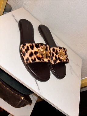 Tory Burch Leopard-Print Slide Sandals with Gold Logo